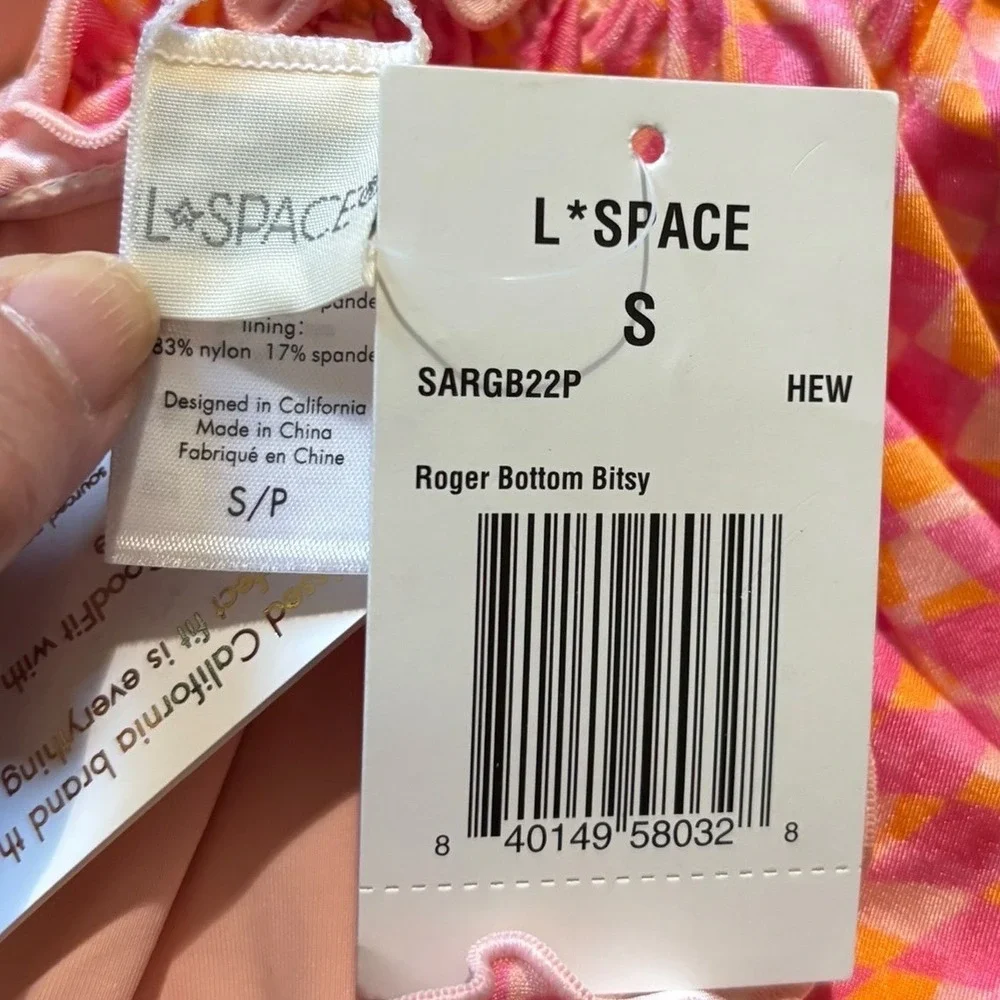 L*Space Roger Bottom Bitsy Bikini‎ Pink Orange Checkered Ruffle Side Tie Small